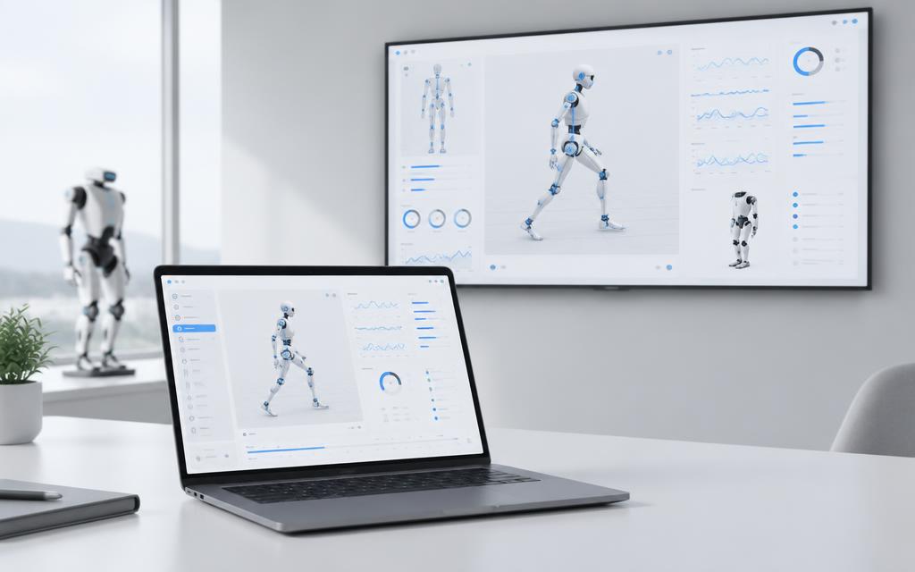 Concept visual of the Spera robotics software suite on a laptop and wall display